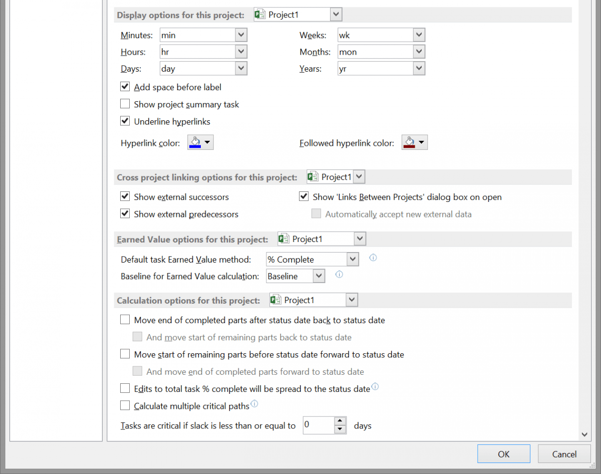 Default Project Options in Microsoft Project 2013 Project Management